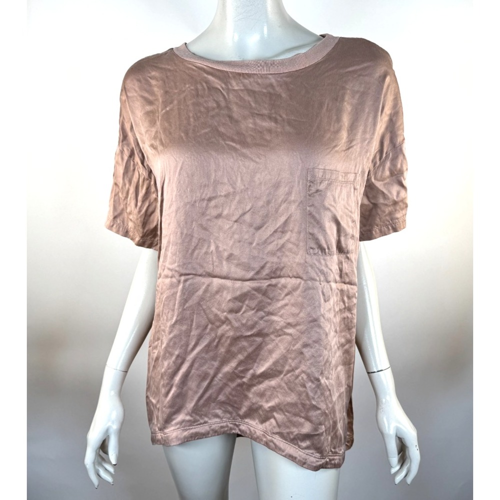 Lunya Washable Silk Sleep Top Women M Oversized Short Sleeve Round‎ Neck Tan